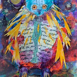 mixed-media art piece featuring a patterned owl collage, created using various m